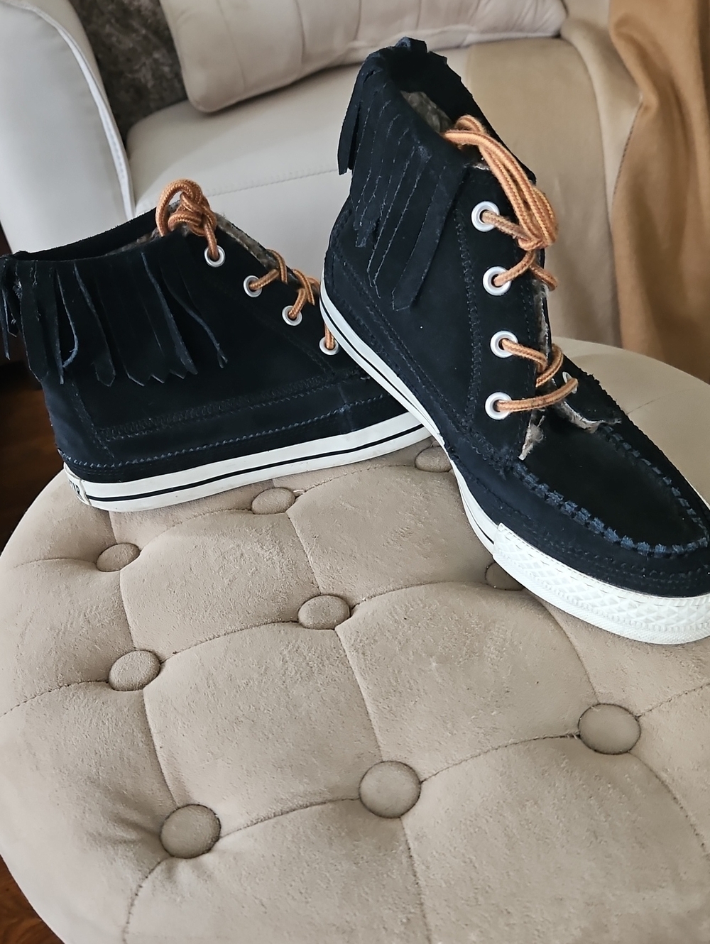 Converse ALL STAR Lace Up Moccasin Style Bootie Sneakers Black Suede/Fur  9M EUC